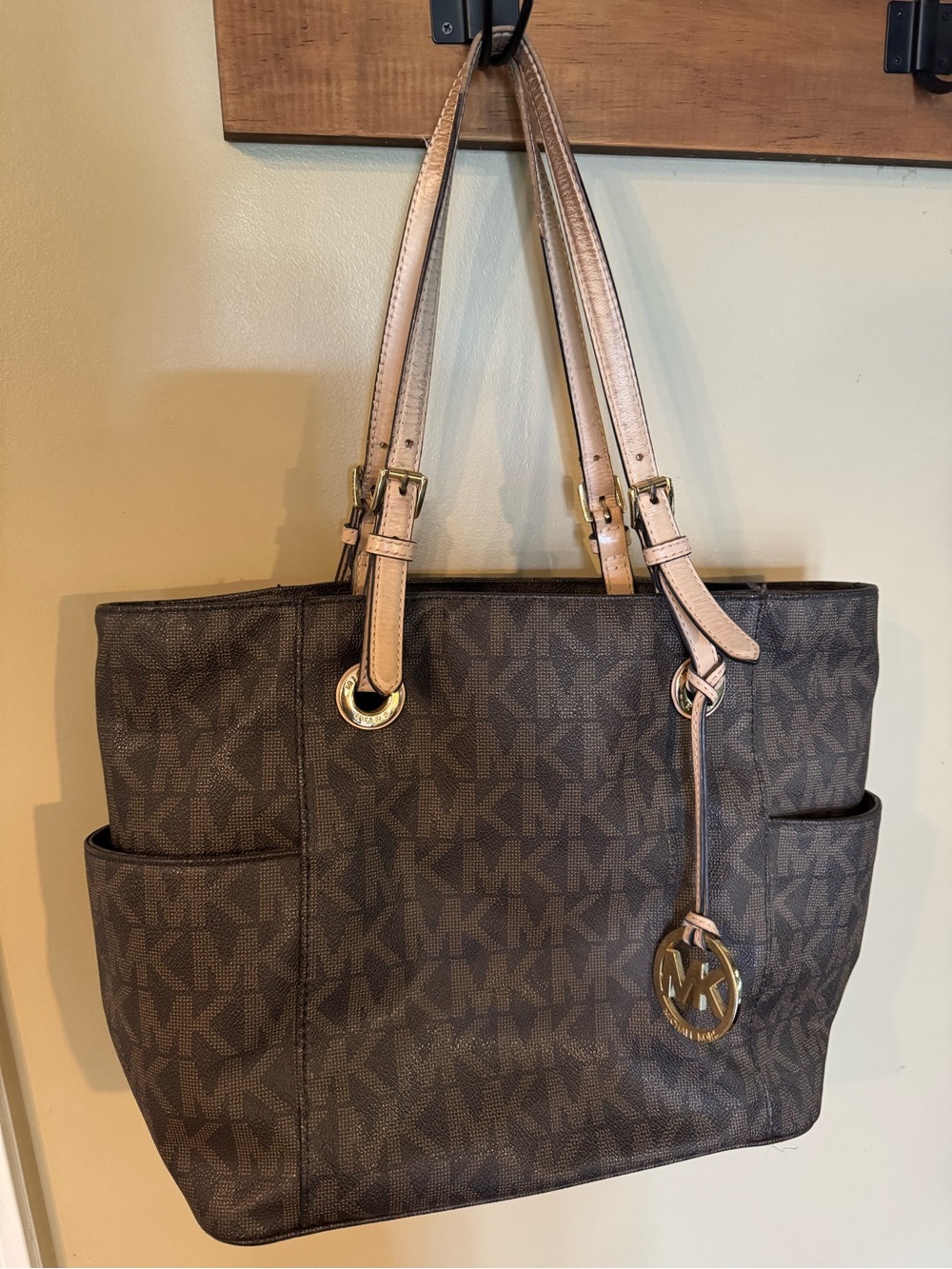 Michael Kors Brown MK Monogram Tote with Tan Straps and Gold Hardware